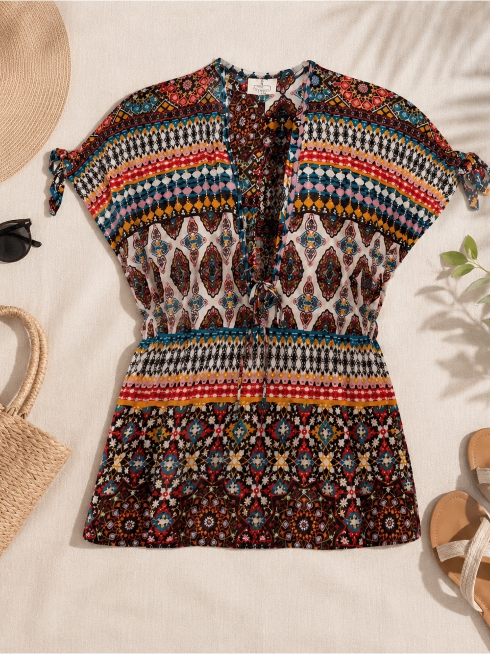 Ember Boho Patchwork Swim Cover Up Tunic Size M Festival Beach Resort